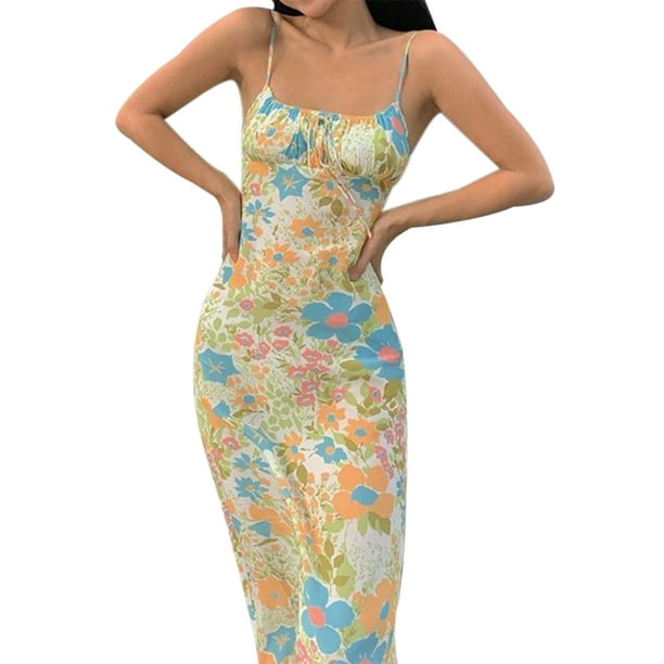 US Women Floral Print Spaghetti Strap Bodycon Dress Summer Side Split Mini Dress